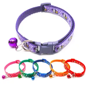Cute cartoon printed pet collar with bell and buckle, adjustable nylon cat dog necklace.