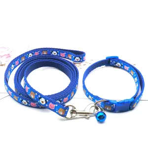 Blue pet leash and collar set with cute cartoon animal prints and bell for dogs and cats.