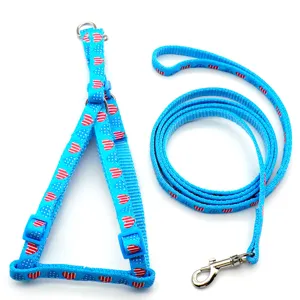 Blue heart pattern pet dog harness and leash set detail shot, adjustable pet walking straps.
