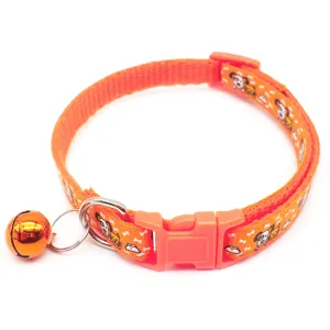 Orange pet collar with cute cartoon print, plastic safety buckle, and a bell for cats dogs