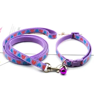 Purple pet collar and leash set with cute heart pattern and bell for small cats and dogs.