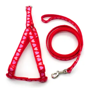 Red pet harness and leash set with cute pink hearts pattern for dogs and cats walking securely.