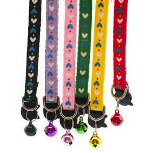 Colorful heart pattern pet collar with cute hanging bell, safe neck strap for cats and dogs.