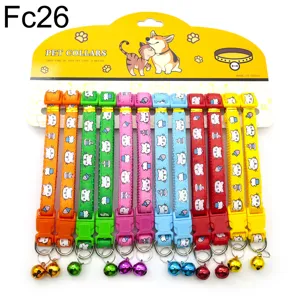 Colorful nylon pet collars with cute cat pattern, safety buckle and bell for cats and dogs.