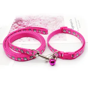 Pink pet collar and leash set with bell, 1cm width for small dogs and cats outdoor use.