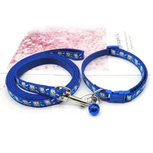 Blue pet leash and collar set with cute owl print, 1cm width, perfect for small cats and dogs.