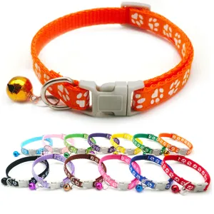 Nylon pet cat dog collar with paw print cute bell and safety quick release plastic buckle.
