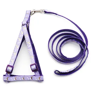 Set pettorina e guinzaglio viola per animali con motivo luna stella oro, 1.0cm nylon.