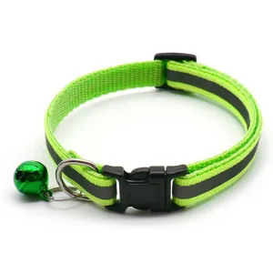 Reflective pet collar with bell and adjustable buckle, ideal for cats and small dogs safely.
