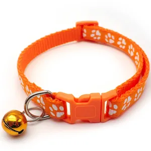 Orange pet collar with white paw print, cute cat dog neck strap featuring a bell and buckle.