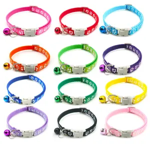 Colorful pet cat dog collar with cute paw print pattern quick release buckle and bell for small pets