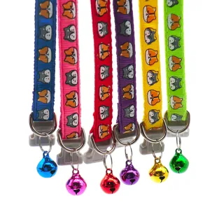 Colorful woven pet collar with bell, adjustable safety cat and dog neck strap accessory.
