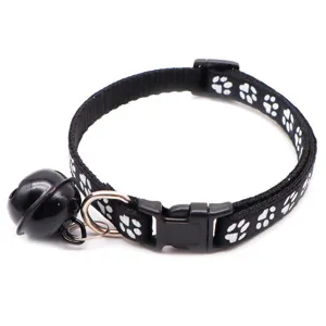 Black paw print pet collar with bell, 1cm width cat and small dog accessory, cute design.