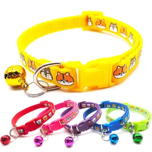 Colorful cartoon dog pet collar with bell, 1cm wide adjustable nylon strap for cats and dogs.