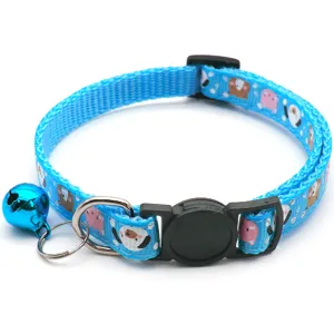 Blue pet collar with cute cartoon print, plastic buckle and bell for small cats dogs.