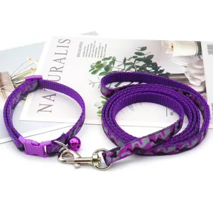 Purple camo pet dog collar and leash set with bell, adjustable nylon traction rope for cats.
