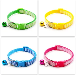 Plaid pattern pet collar with bell and safety quick-release buckle for cats and dogs, 4 colors.