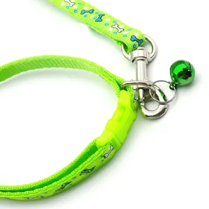 Dettaglio collare per animali verde con motivo ad ossa, fibbia in metallo e campanello.