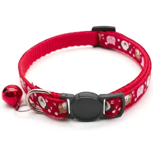 Red cartoon print pet collar with bell and safety buckle, cute cat and dog accessory.