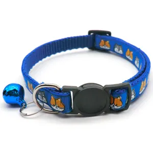 Blue pet collar with cute cat print, adjustable buckle and metal bell for cats and dogs.