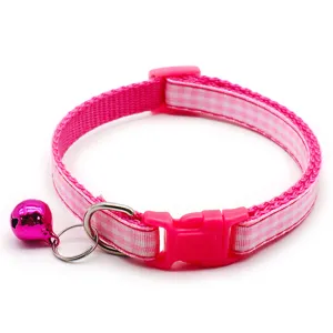 Pink plaid pet collar with bell and buckle for cats and dogs, durable fabric neck strap.