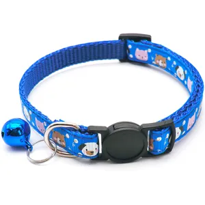 Blue pet collar with cute cartoon animal print, bell, and secure buckle for cats and small dogs.