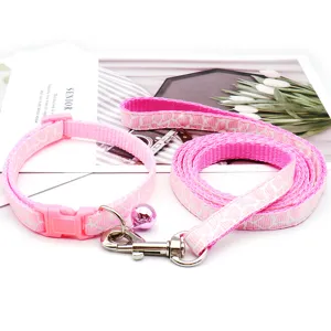 Pink pet dog collar and leash set with bell nylon adjustable small puppy walking lead detail view