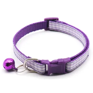 Purple plaid pet collar for cats and dogs, featuring a cute bell and safety buckle.