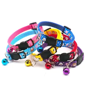 Colorful cartoon printed pet collar with bell, adjustable nylon strap for cats and small dogs.