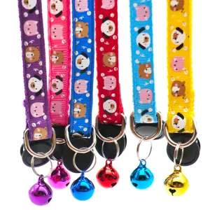 Colorful cartoon print pet collar with metal bell, adjustable and cute for small dogs and cats.