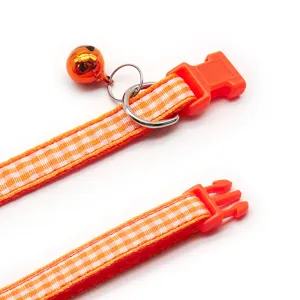 Orange plaid pet collar with bell and quick-release buckle, cute dog cat neck strap decoration