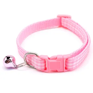 Pink checkered pet collar with bell, cute woven cat and dog neck strap, safety buckle design.