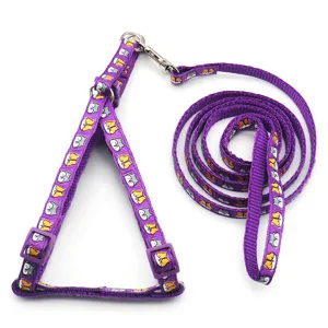 Set imbracatura e guinzaglio viola per animali con stampa carina, robusto e sicuro.