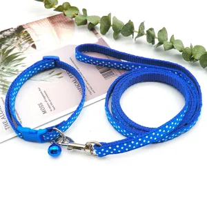 Blue polka dot pet dog collar and leash set with bell for small dogs daily outdoor walking.