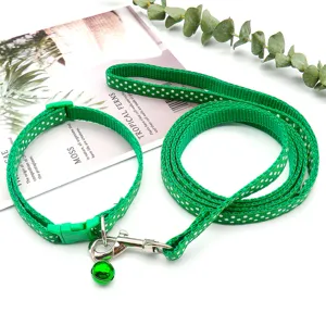 Green polka dot pet collar and leash set for small dogs and cats, durable outdoor walking rope.