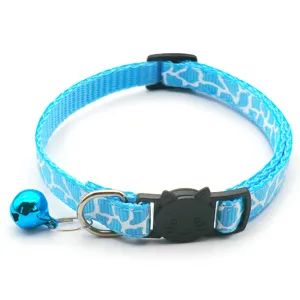 Blue printed cat collar with bell and safety cat face buckle pet necklace detail view