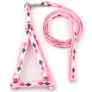 Pink argyle pet leash set, puppy harness and traction rope for small cats and dogs.