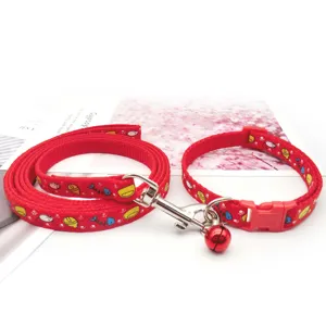 Red cartoon print pet leash and collar set with cute bell for small dogs and cats daily.
