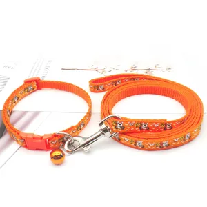 Orange pet dog leash and collar set with cute cartoon patterns, bell, for small dogs and cats.