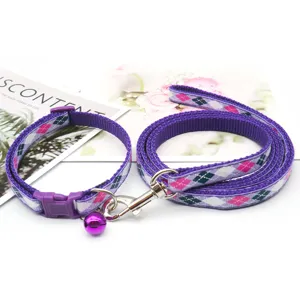 Purple plaid pet collar and leash set with bell for small dogs and cats daily walking.