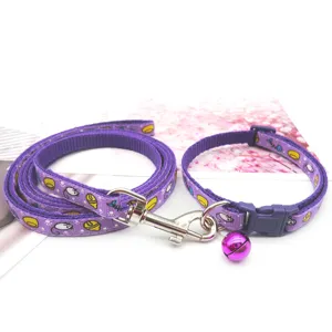 Purple cartoon print pet leash and matching collar set with cute mouse patterns for cats and small dogs