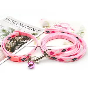 Pink plaid pet dog collar and leash set with small bell, adjustable strap for small cats and dogs.