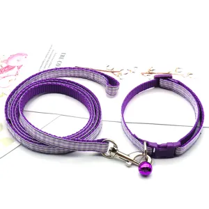Purple plaid pet leash and collar set with bell, cute dog walking supplies for cats and small dogs.