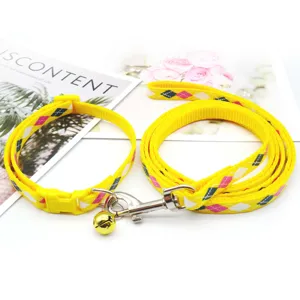 Yellow argyle pet dog leash and collar set with bell, durable nylon puppy walking training lead.
