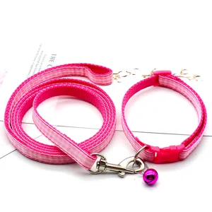 Pink plaid pet leash and collar set with bell, cute puppy cat walking outdoor supplies.