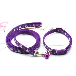 Purple pet leash and collar set with cute cartoon pattern, bell, durable nylon material.