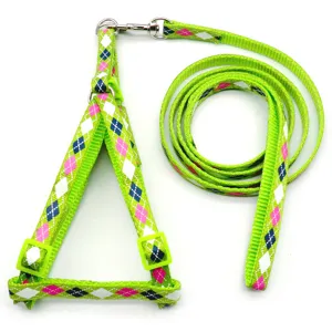Green argyle dog harness and leash set with metal hook and adjustable pet straps.