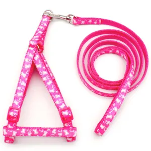 Pink bone print pet harness and leash set, perfect for small dogs and cats walking.