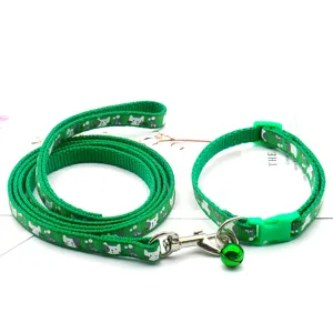 Green Pet Leash and Collar Set Cute Cat Pattern Nylon Puppy Walking Rope with Bell