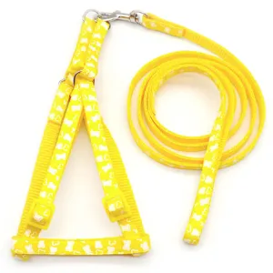 Yellow bone pattern pet harness and leash set for small dogs and cats, durable walking strap.